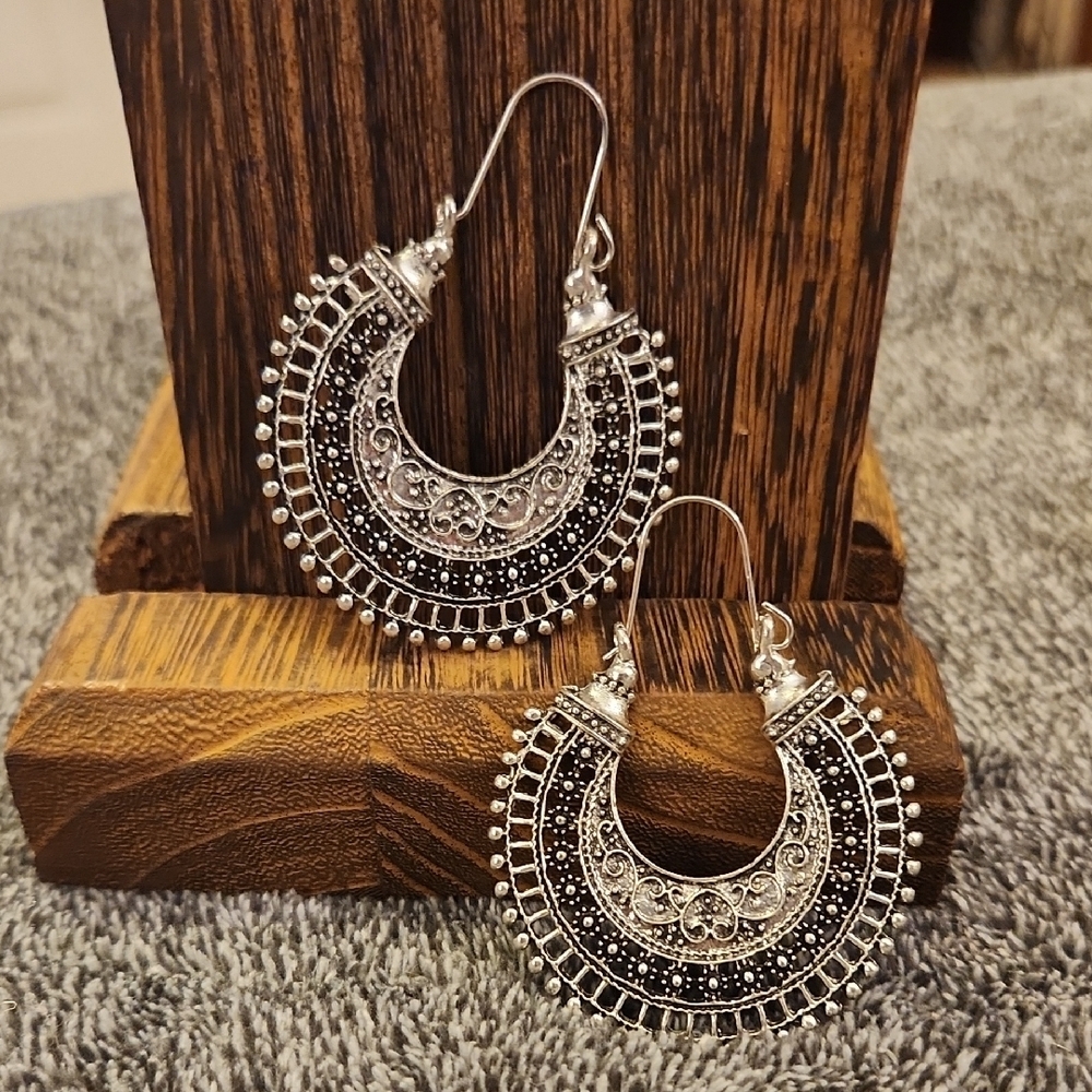 Bohemian Silver Tone Crescent Earrings - Picture 2 of 5